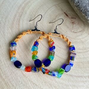 Trendy bohemian hoops, millefiori colorful hooped earrings,unique woven earrings
